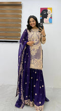 Embroidered Crancy Silk Top Palazzo Set with Fox Georgette Dupatta for Eid