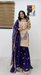 Embroidered Crancy Silk Top Palazzo Set with Fox Georgette Dupatta for Eid