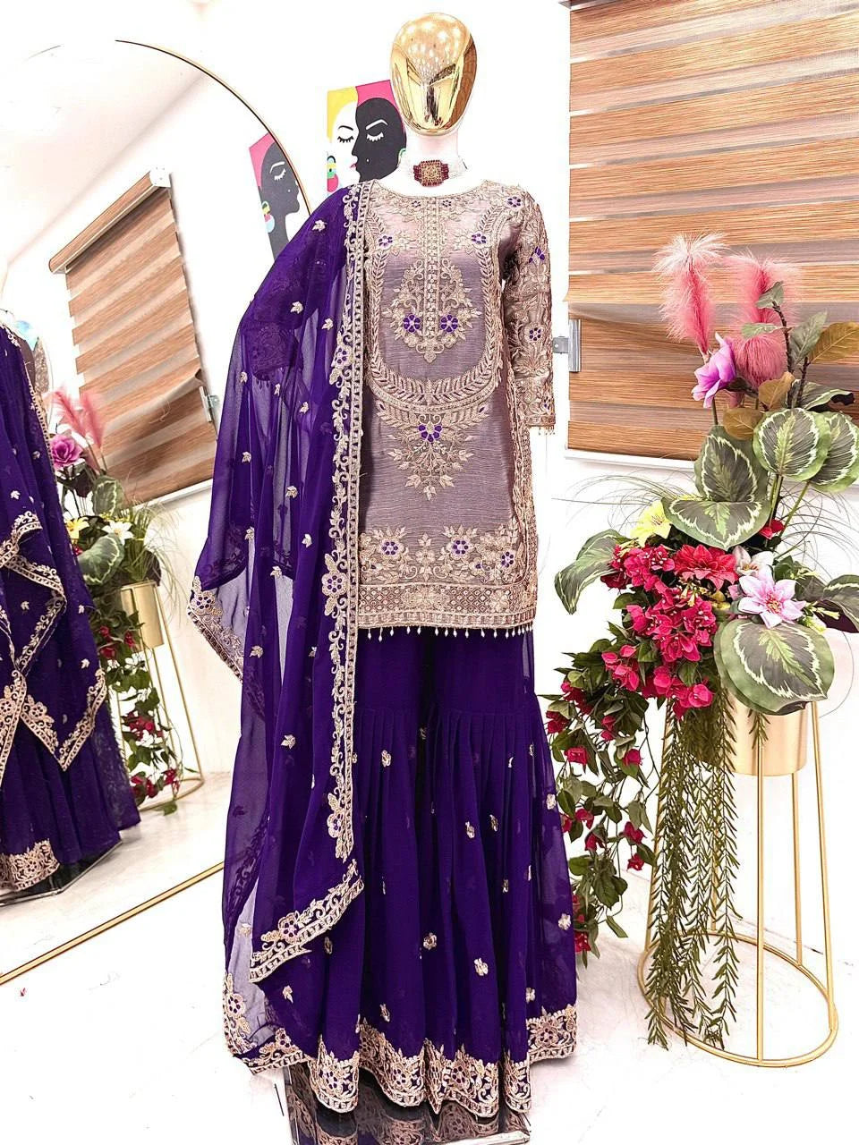Embroidered Crancy Silk Top Palazzo Set with Fox Georgette Dupatta for Eid