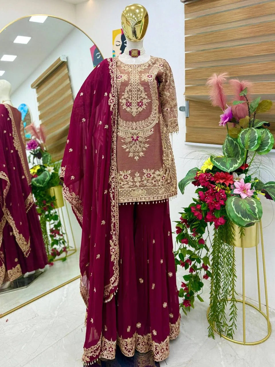 Crancy Silk Embroidery Top with Fox Georgette Palazzo Dupatta Set