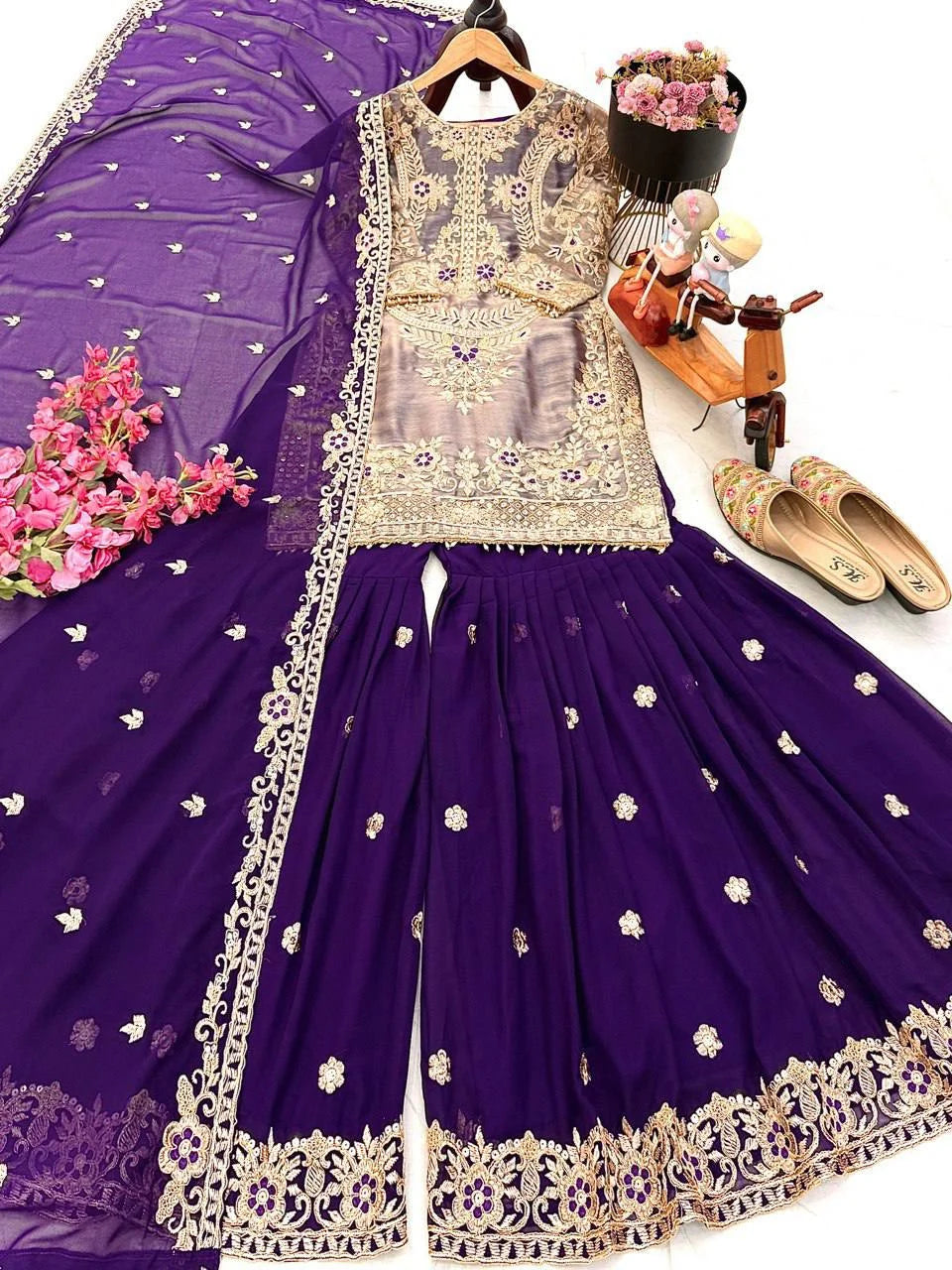Embroidered Crancy Silk Top Palazzo Set with Fox Georgette Dupatta for Eid