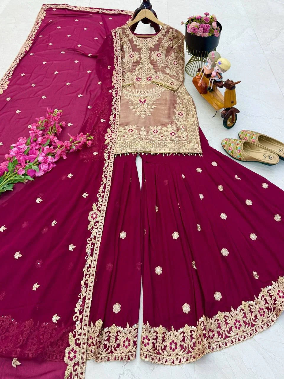 Crancy Silk Embroidery Top with Fox Georgette Palazzo Dupatta Set