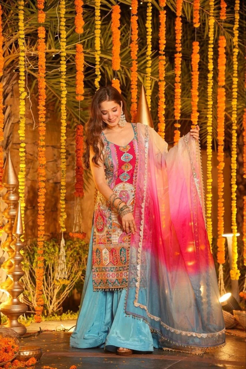 Eid Special Chinon Silk Top Sharara Set with Aari & Mirror Work