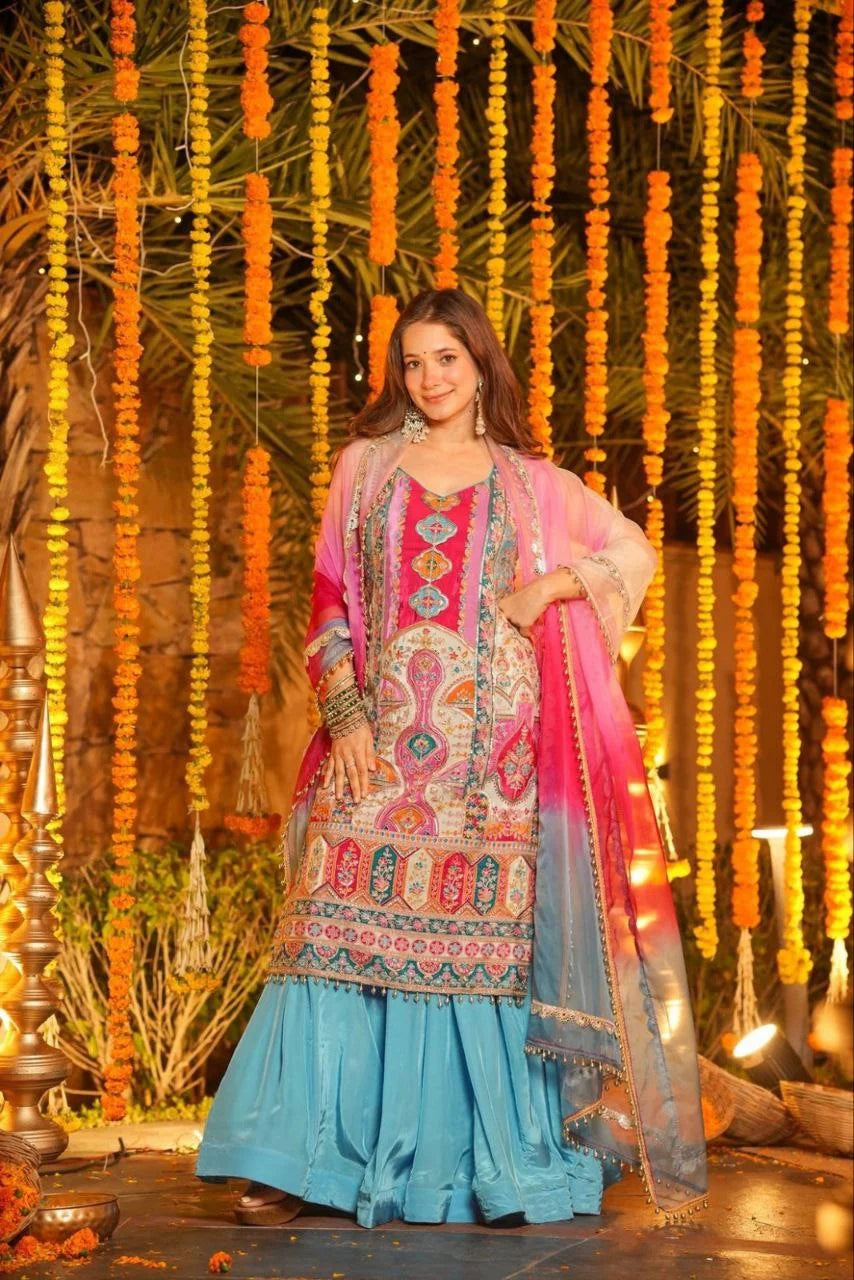 Eid Special Chinon Silk Top Sharara Set with Aari & Mirror Work