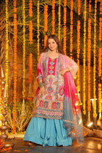Eid Special Chinon Silk Top Sharara Set with Aari & Mirror Work