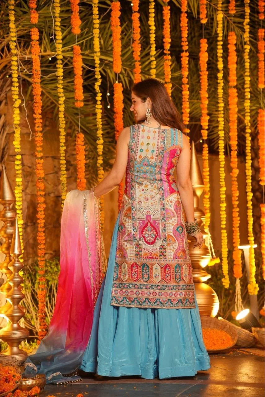 Eid Special Chinon Silk Top Sharara Set with Aari & Mirror Work