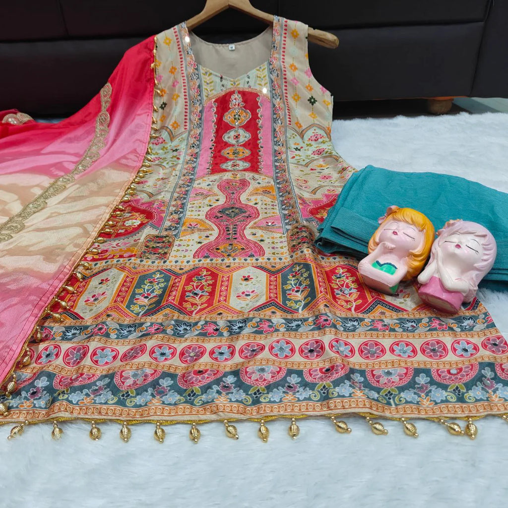 Eid Special Chinon Silk Top Sharara Set with Aari & Mirror Work
