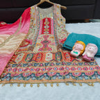 Eid Special Chinon Silk Top Sharara Set with Aari & Mirror Work