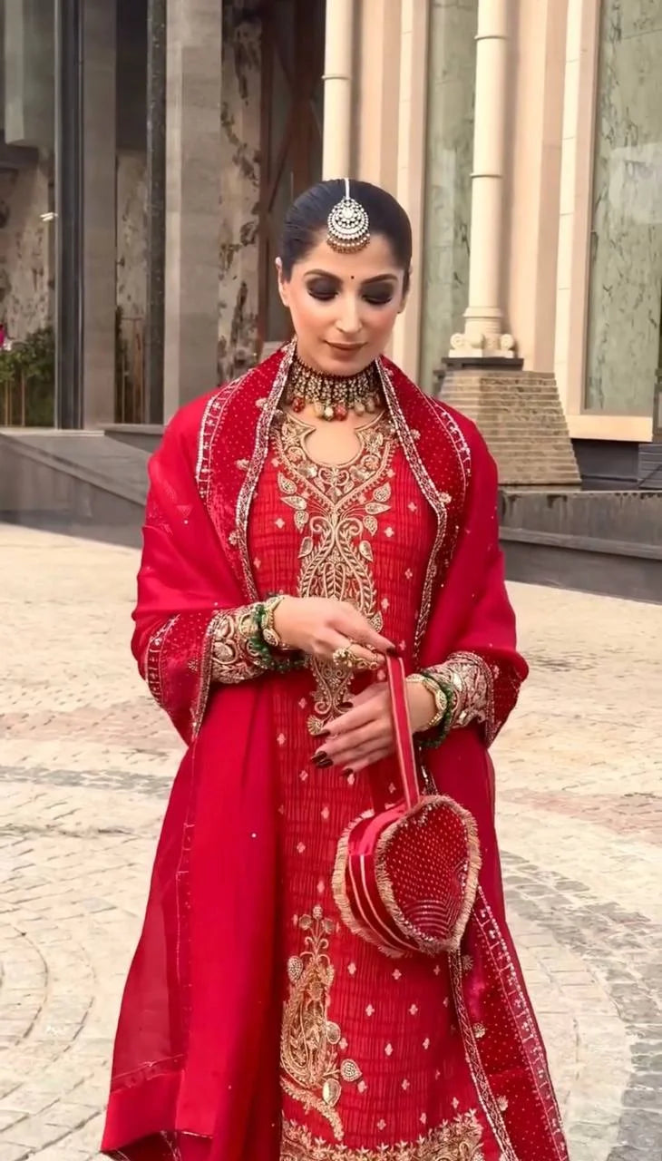 Stylish Crunchy Silk Embroidery Suit with Elastic Pant & Dupatta