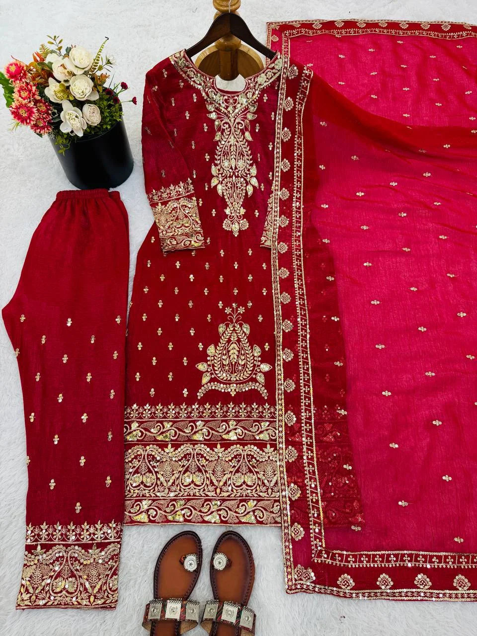 Stylish Crunchy Silk Embroidery Suit with Elastic Pant & Dupatta