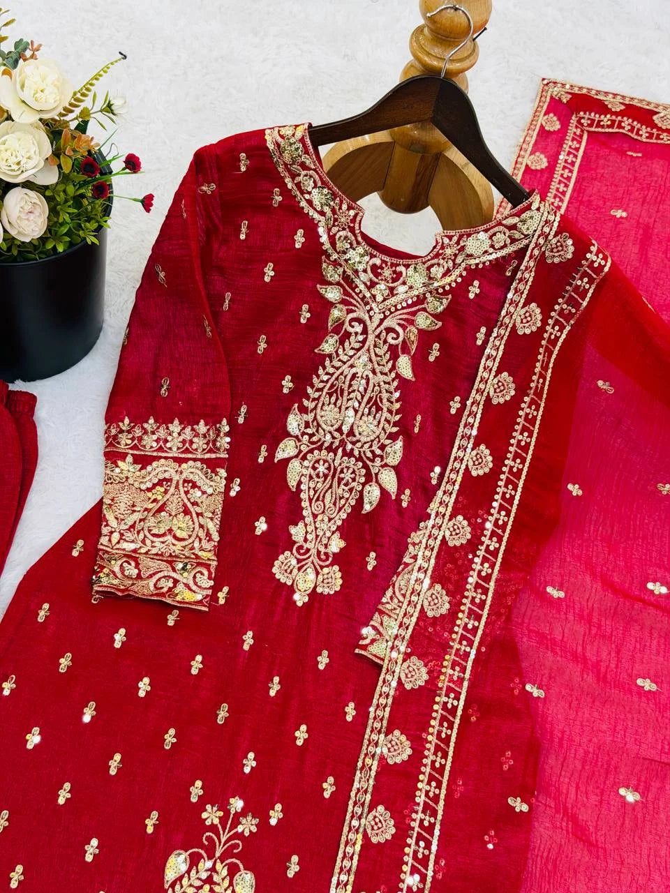 Stylish Crunchy Silk Embroidery Suit with Elastic Pant & Dupatta
