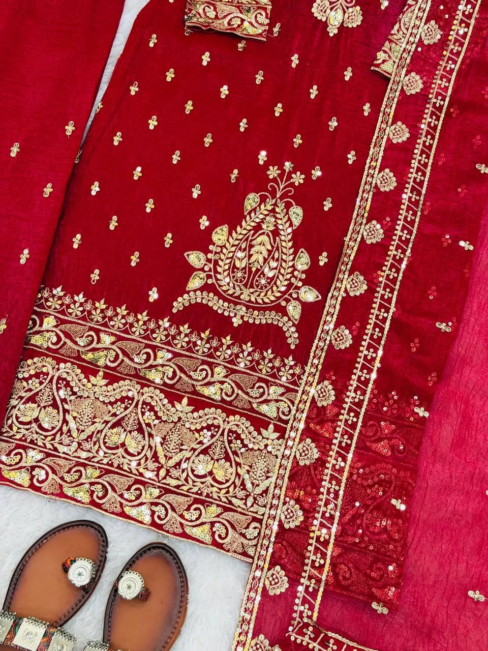 Stylish Crunchy Silk Embroidery Suit with Elastic Pant & Dupatta