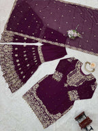 Wine Designer Eid Sharara Suit with Pearl Embroidery