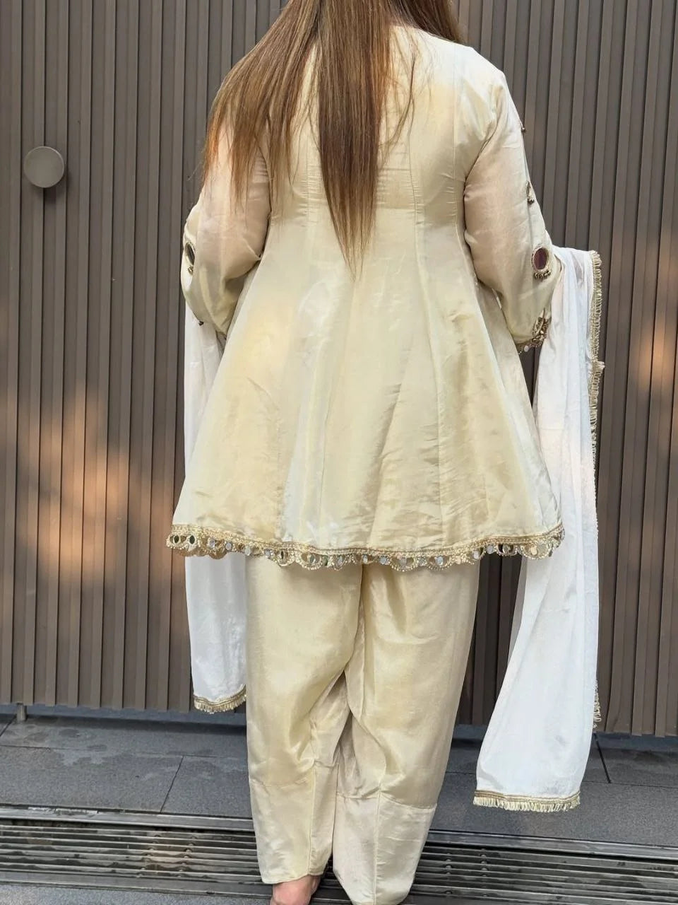 Graceful Ivory Cream Tissue Silk Kurta Set with Exquisite Mirror Work