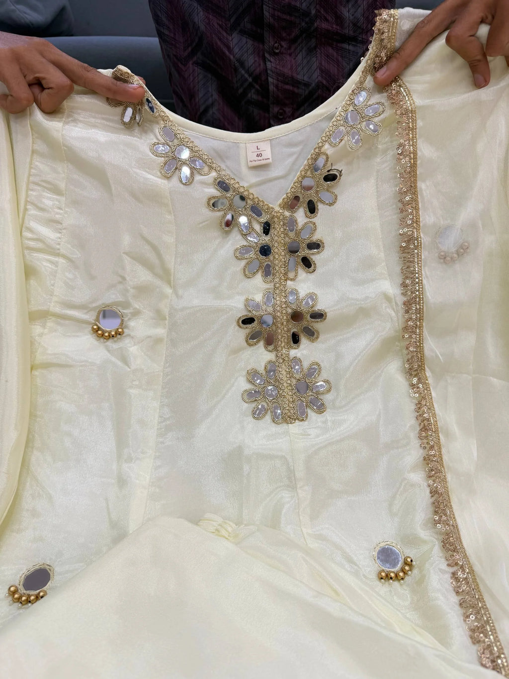 Graceful Ivory Cream Tissue Silk Kurta Set with Exquisite Mirror Work