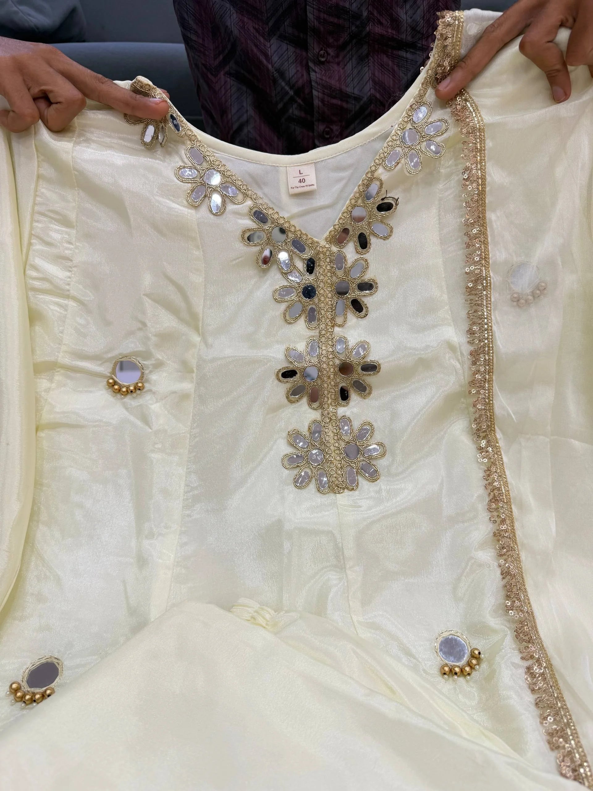 Graceful Ivory Cream Tissue Silk Kurta Set with Exquisite Mirror Work