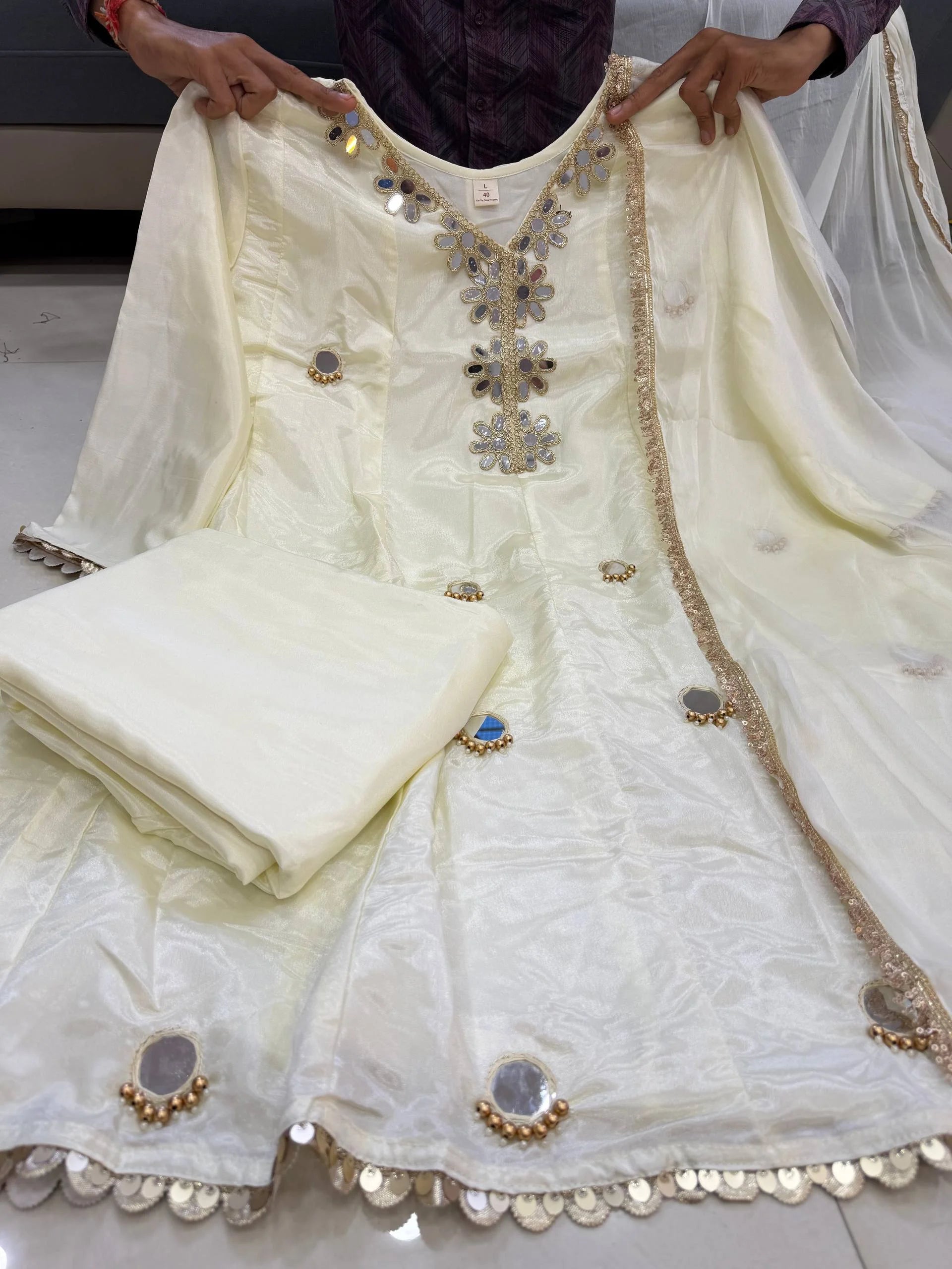 Graceful Ivory Cream Tissue Silk Kurta Set with Exquisite Mirror Work