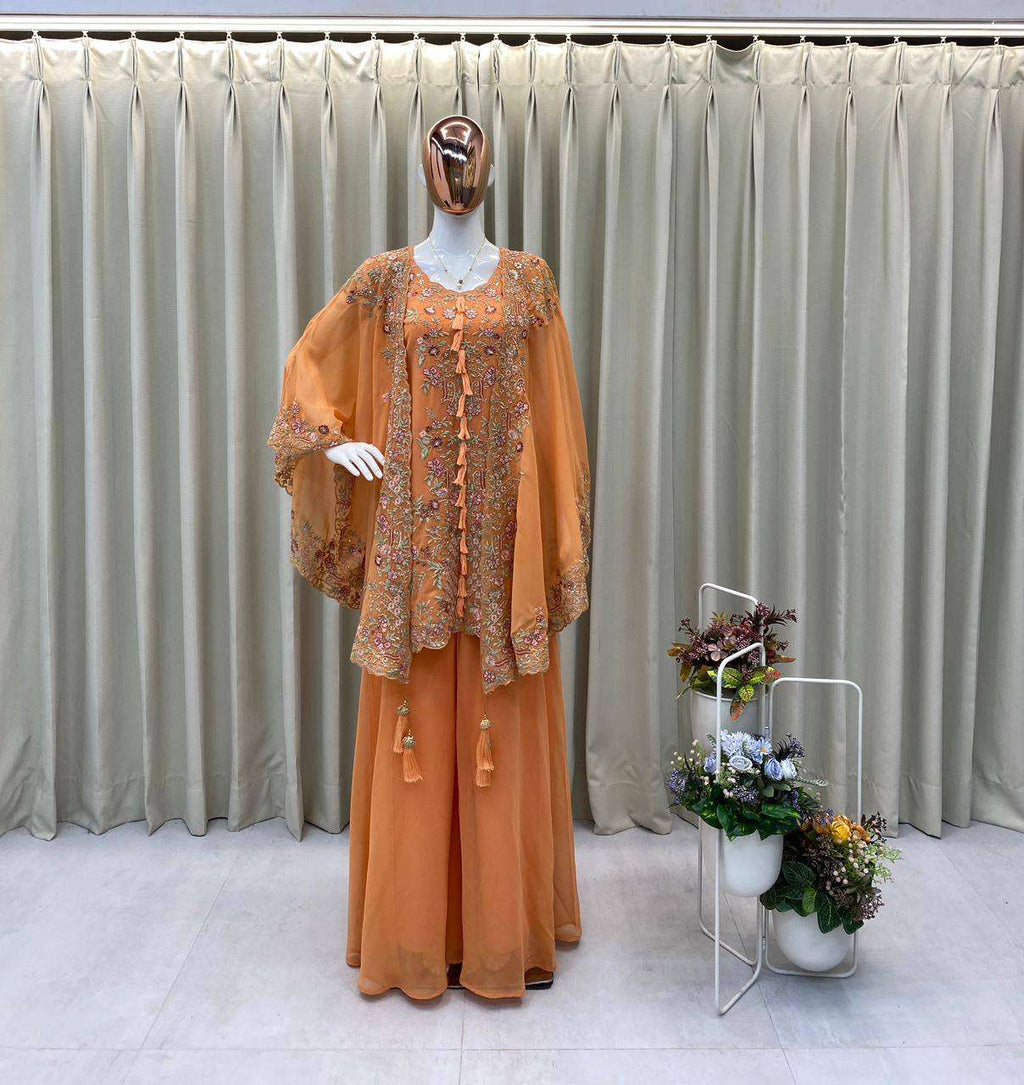 Premium Faux Georgette 3-Piece Set with Sequence Work Shrug
