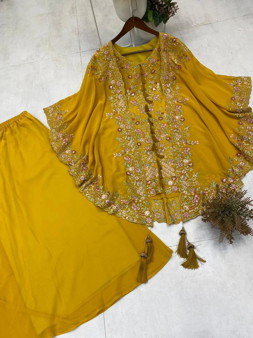Designer Faux Georgette Top Plazzo Set with Embroidered Shrug