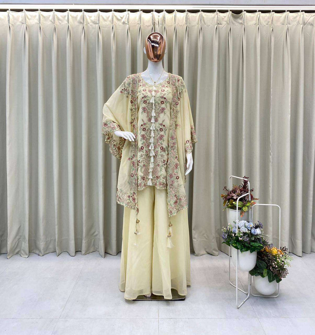 Elegant Faux Georgette Top Plazzo Shrug Set with Tassels