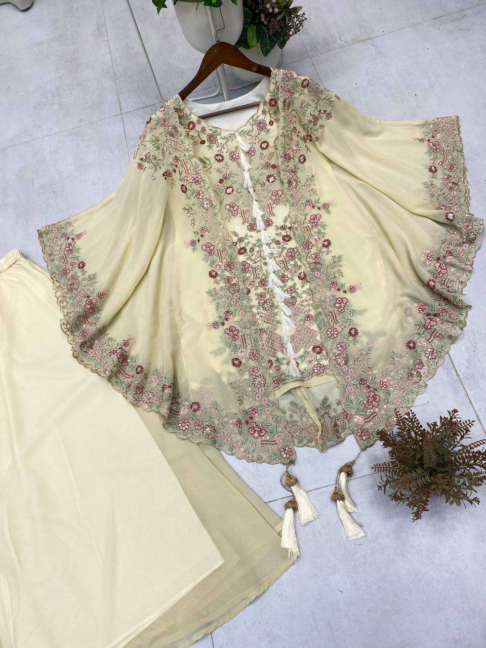 Elegant Faux Georgette Top Plazzo Shrug Set with Tassels