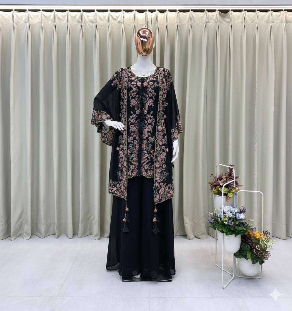 Luxury Black Sequence Embroidered Faux Georgette Top Plazzo and Shrug Set