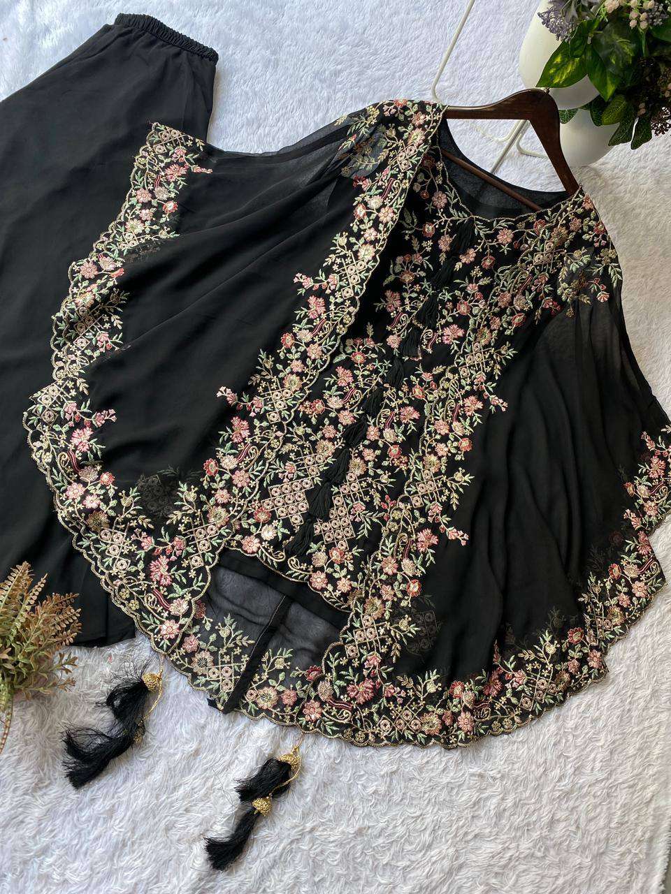 Luxury Black Sequence Embroidered Faux Georgette Top Plazzo and Shrug Set