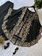 Luxury Black Sequence Embroidered Faux Georgette Top Plazzo and Shrug Set