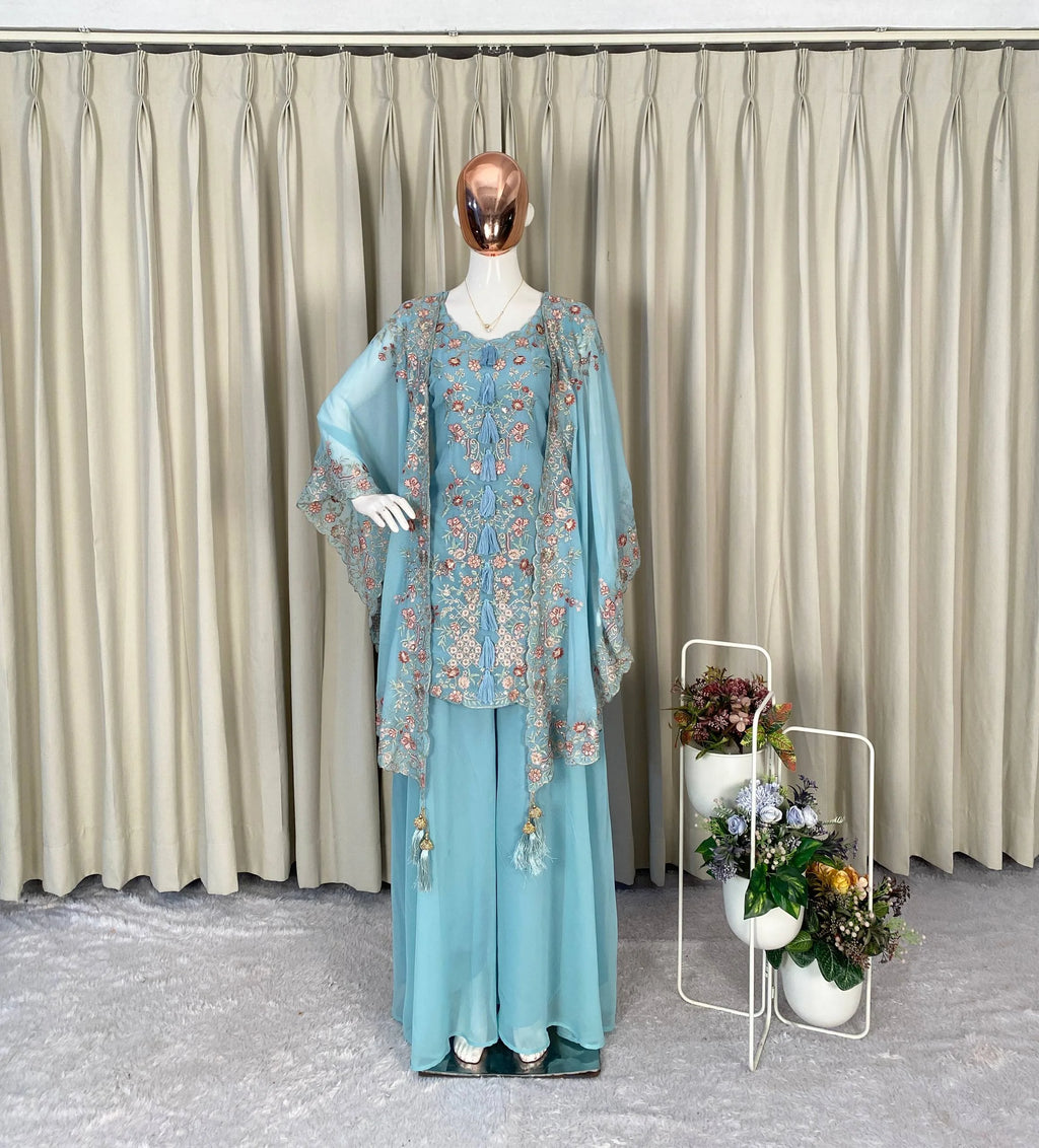 Stylish Faux Georgette Top Plazzo Set with Designer Shrug