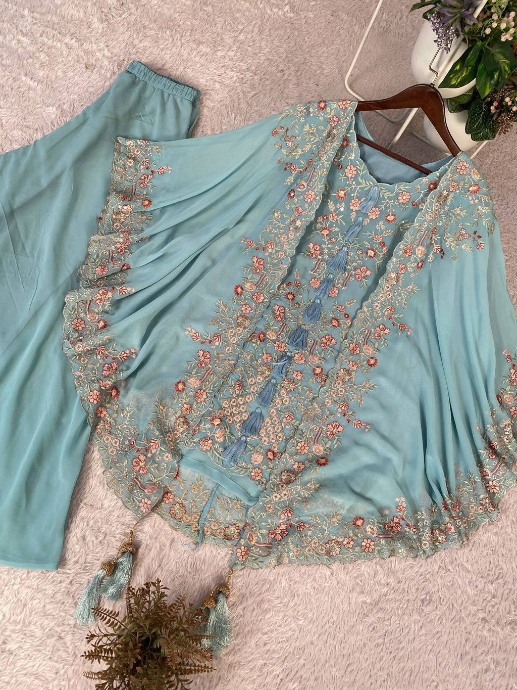 Stylish Faux Georgette Top Plazzo Set with Designer Shrug