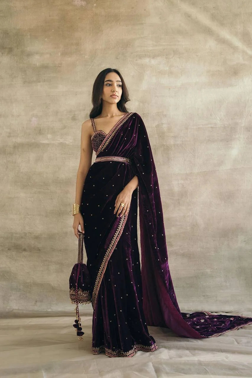 Premium Velvet Saree Set with Full Sequence & Dori Work