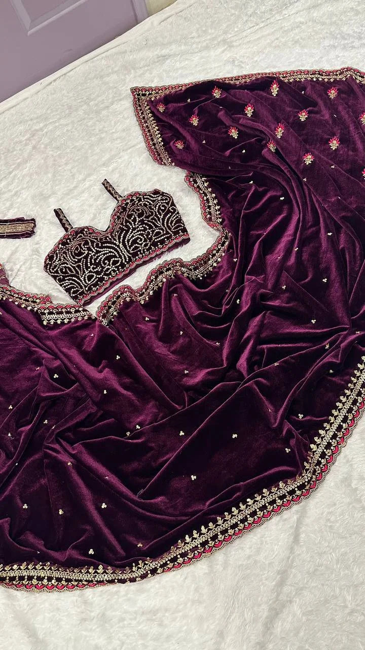Premium Velvet Saree Set with Full Sequence & Dori Work
