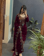 Maroon Velvet Embroidered Suit Set Designer Top, Pant & Dupatta
