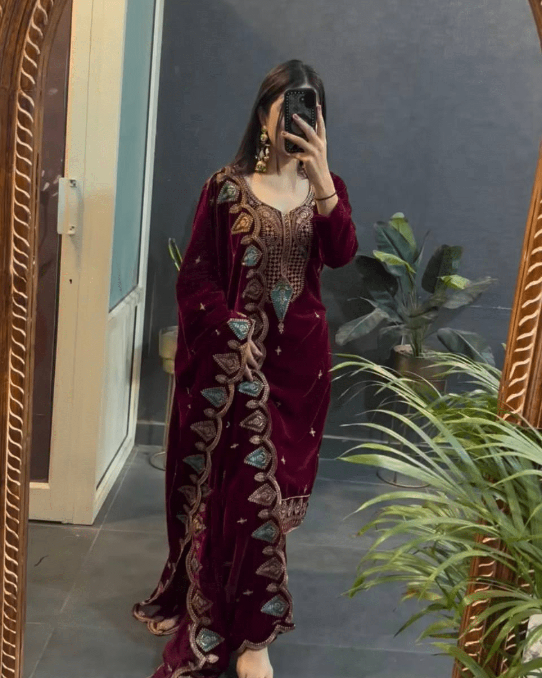 Maroon Velvet Embroidered Suit Set Designer Top, Pant & Dupatta