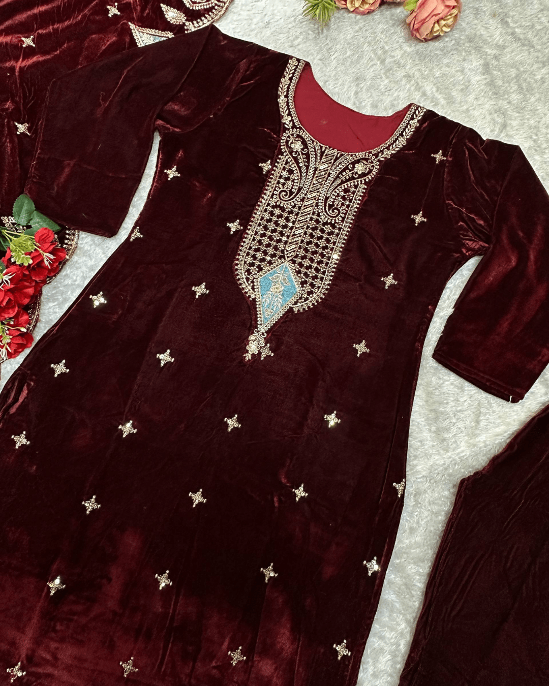 Maroon Velvet Embroidered Suit Set Designer Top, Pant & Dupatta