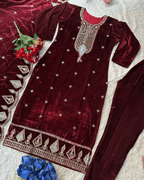 Maroon Velvet Embroidered Suit Set Designer Top, Pant & Dupatta