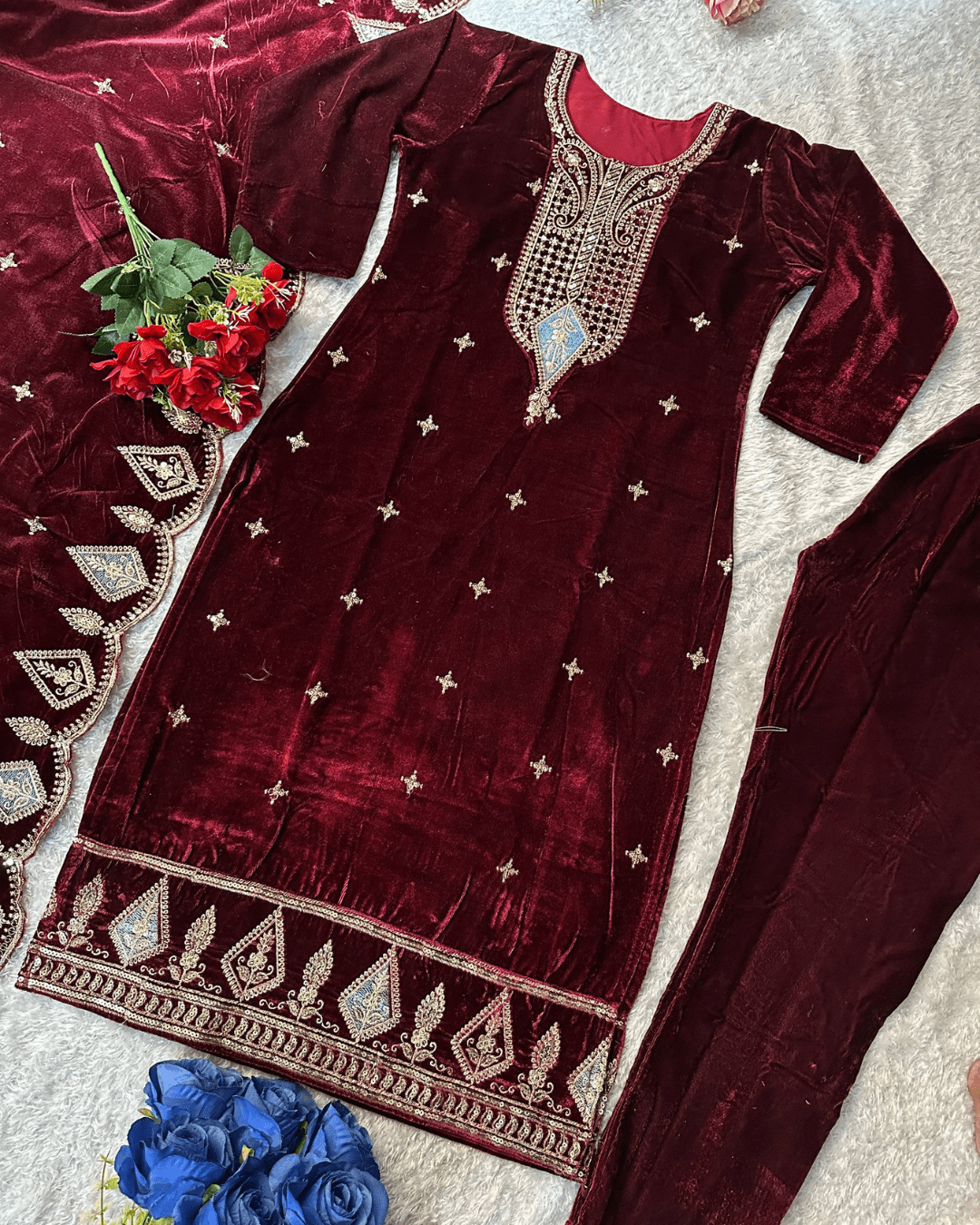 Maroon Velvet Embroidered Suit Set Designer Top, Pant & Dupatta