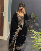 Classic Black Velvet Party Wear Embroidered Suit Set  With Dupatta
