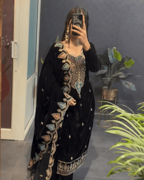 Classic Black Velvet Party Wear Embroidered Suit Set â€“ With Dupatta