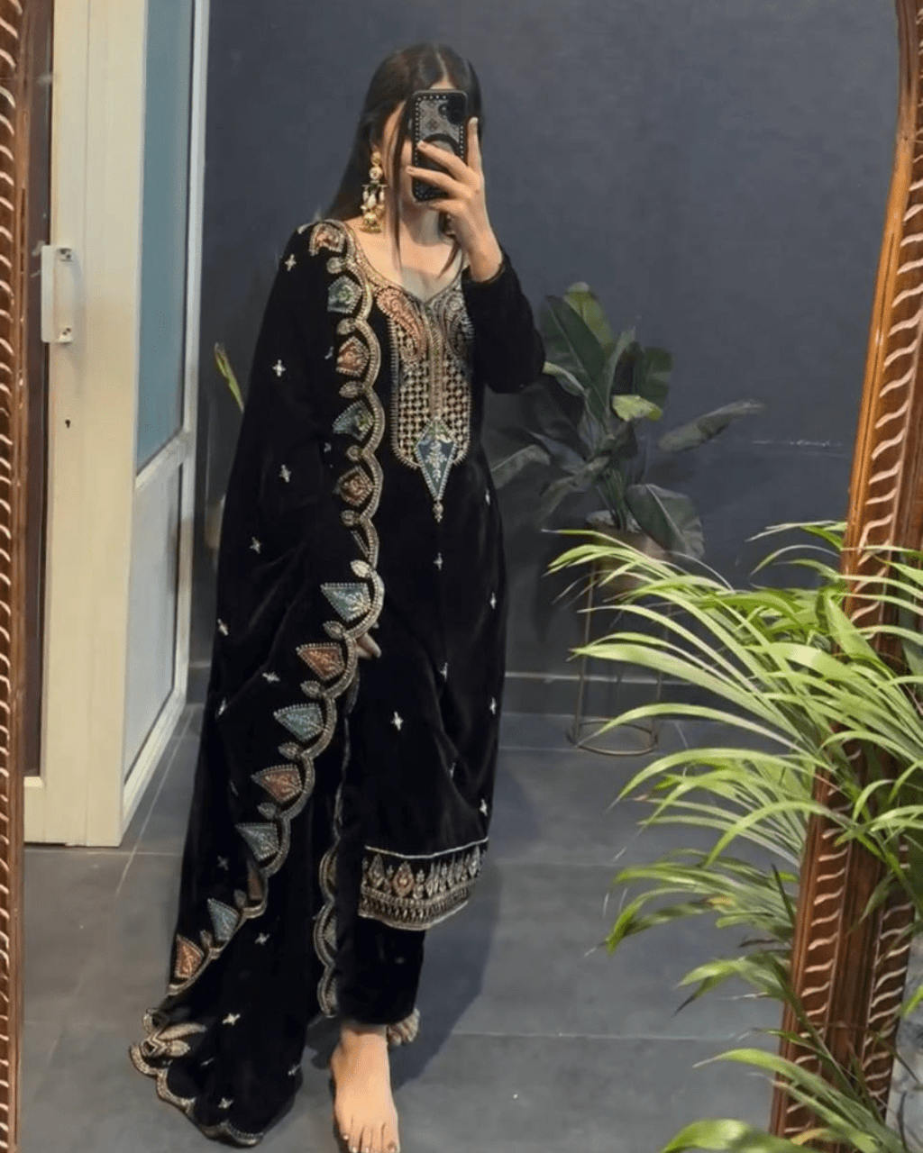 Classic Black Velvet Party Wear Embroidered Suit Set  With Dupatta