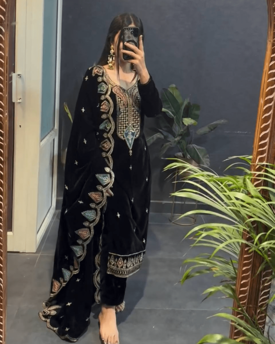 Classic Black Velvet Party Wear Embroidered Suit Set  With Dupatta