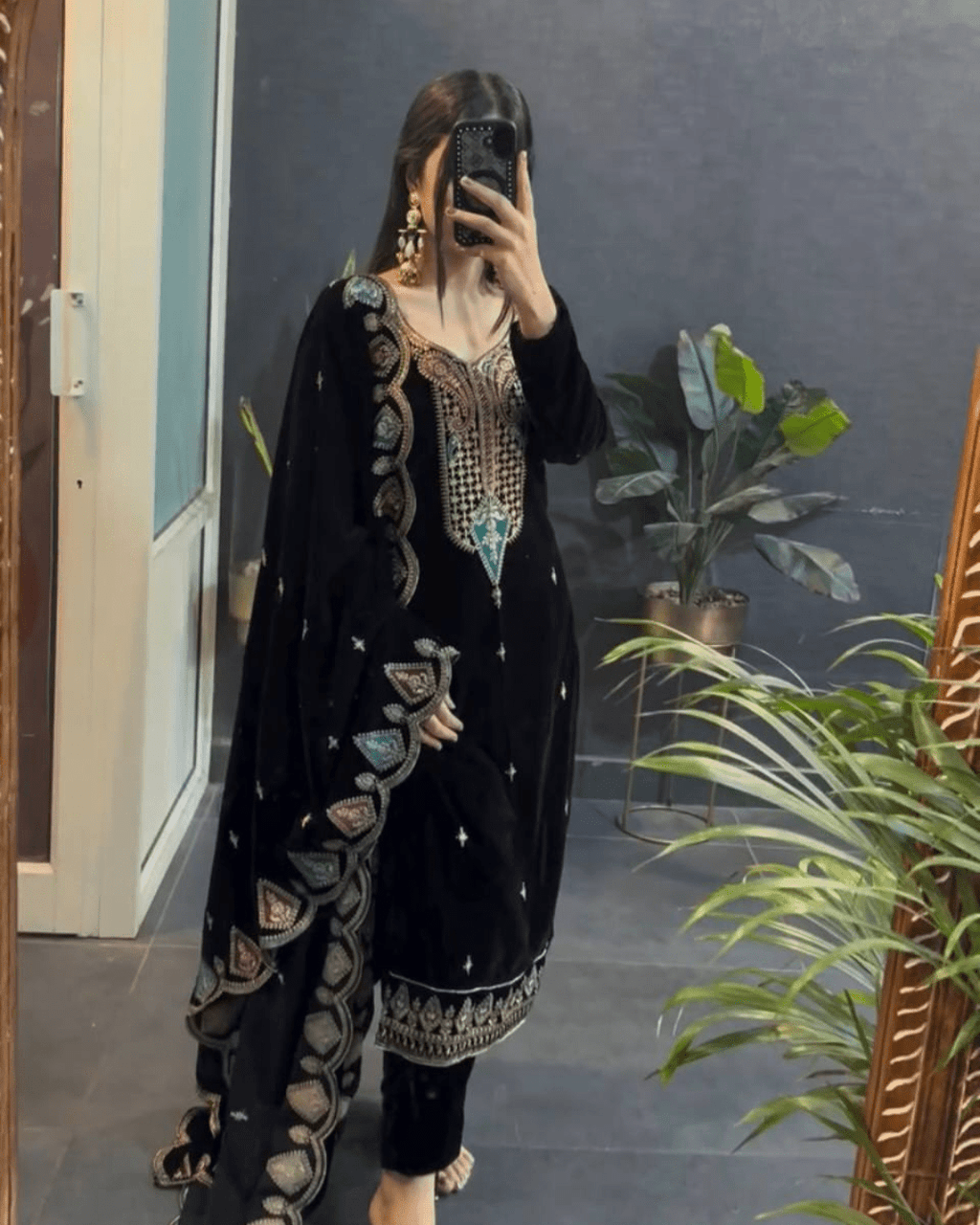 Classic Black Velvet Party Wear Embroidered Suit Set  With Dupatta