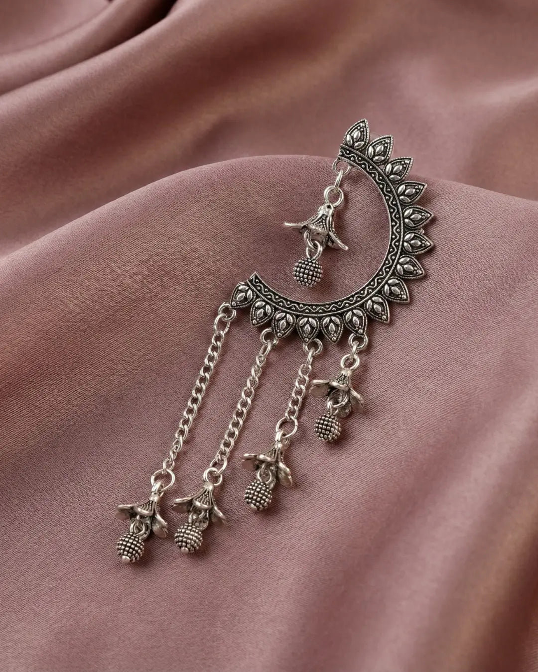 Traditional Oxidized Silver Moon-Shape Jhumka Earrings