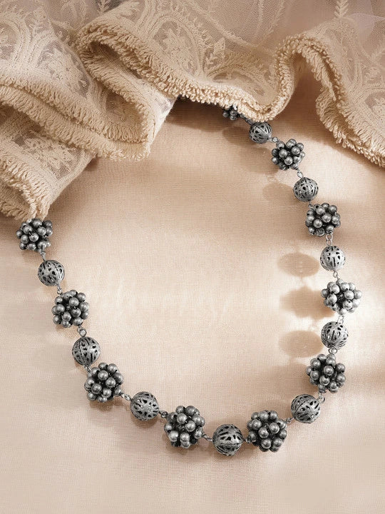Women Brass Oxidised Beaded Statement Long Necklace