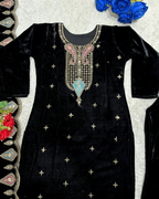 Classic Black Velvet Party Wear Embroidered Suit Set  With Dupatta