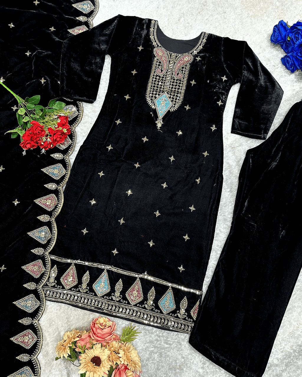 Classic Black Velvet Party Wear Embroidered Suit Set  With Dupatta