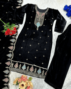 Classic Black Velvet Party Wear Embroidered Suit Set  With Dupatta