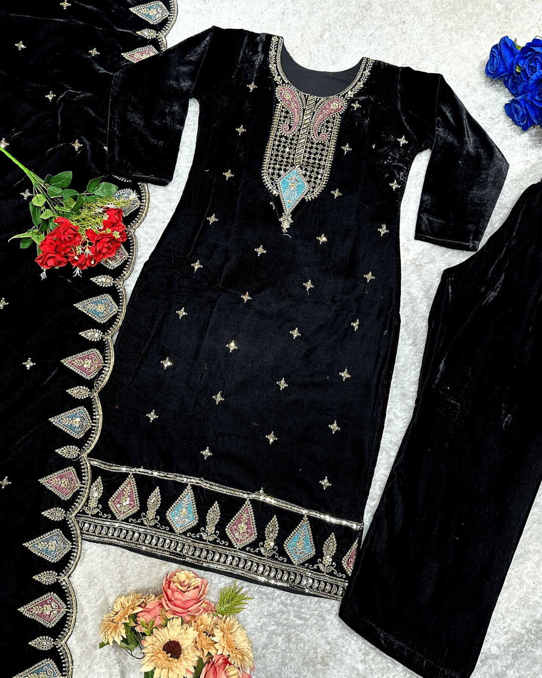 Classic Black Velvet Party Wear Embroidered Suit Set  With Dupatta