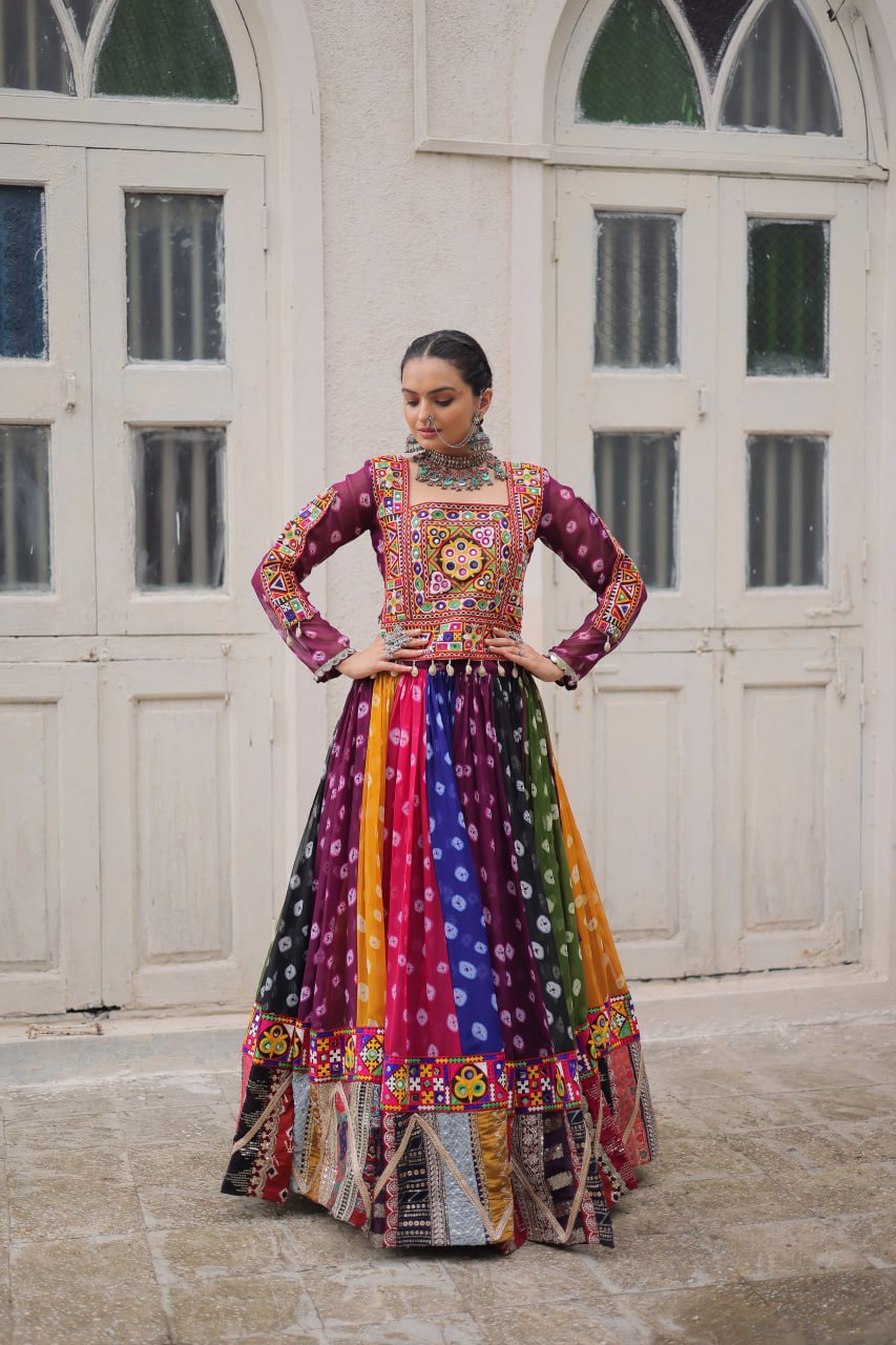 Rangrez Multicolor Georgette Kutchi Gamthi Work Lehenga Choli - Garba Dandiya Festive Wear