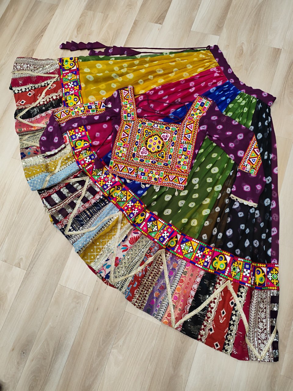 Rangrez Multicolor Georgette Kutchi Gamthi Work Lehenga Choli - Garba Dandiya Festive Wear